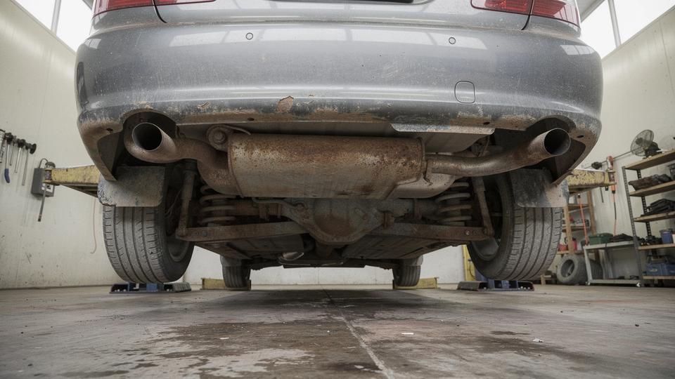 Rear subframe of a used sedan photographed during an underbody inspection